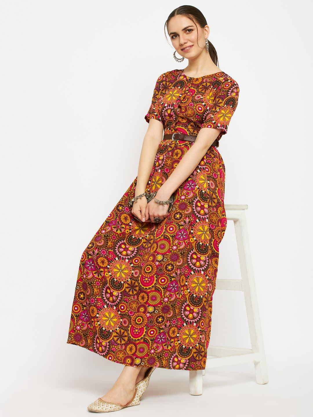 Printed Maxi Dress with Belt - Uptownie