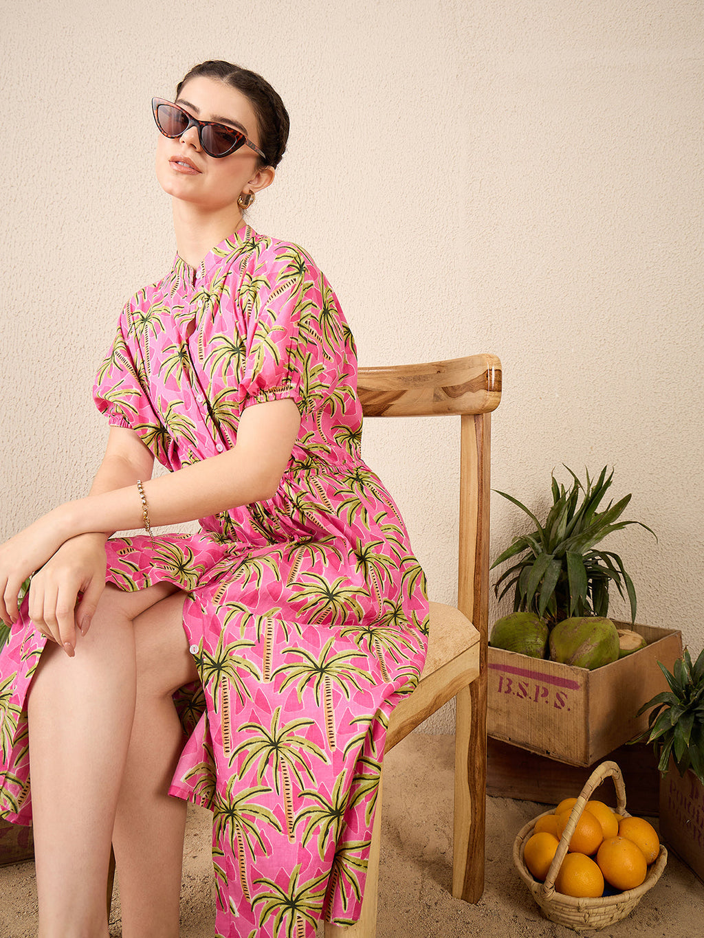 Cotton Side Waist Tie-Up Midi Dress