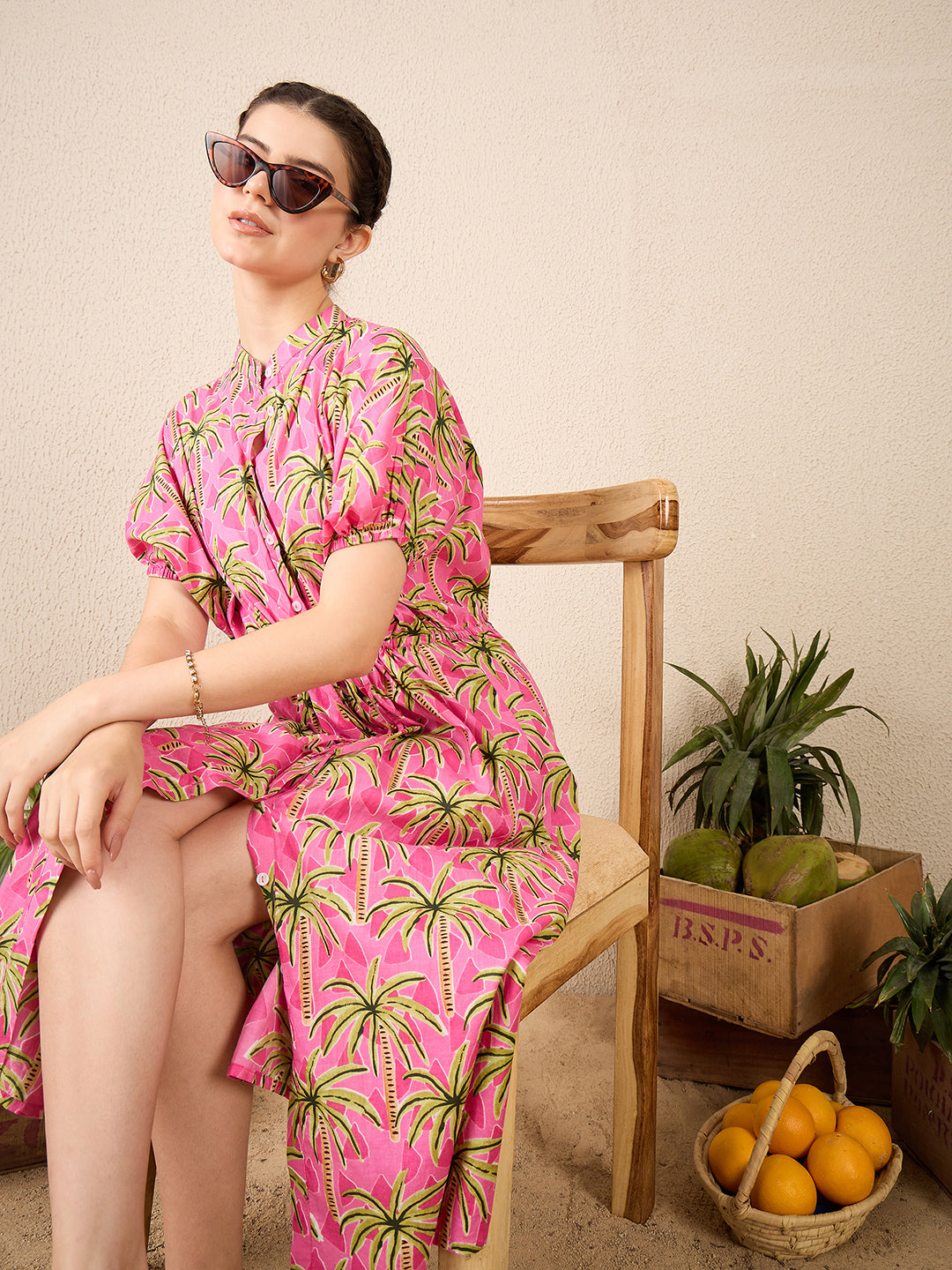 Cotton Side Waist Tie-Up Midi Dress