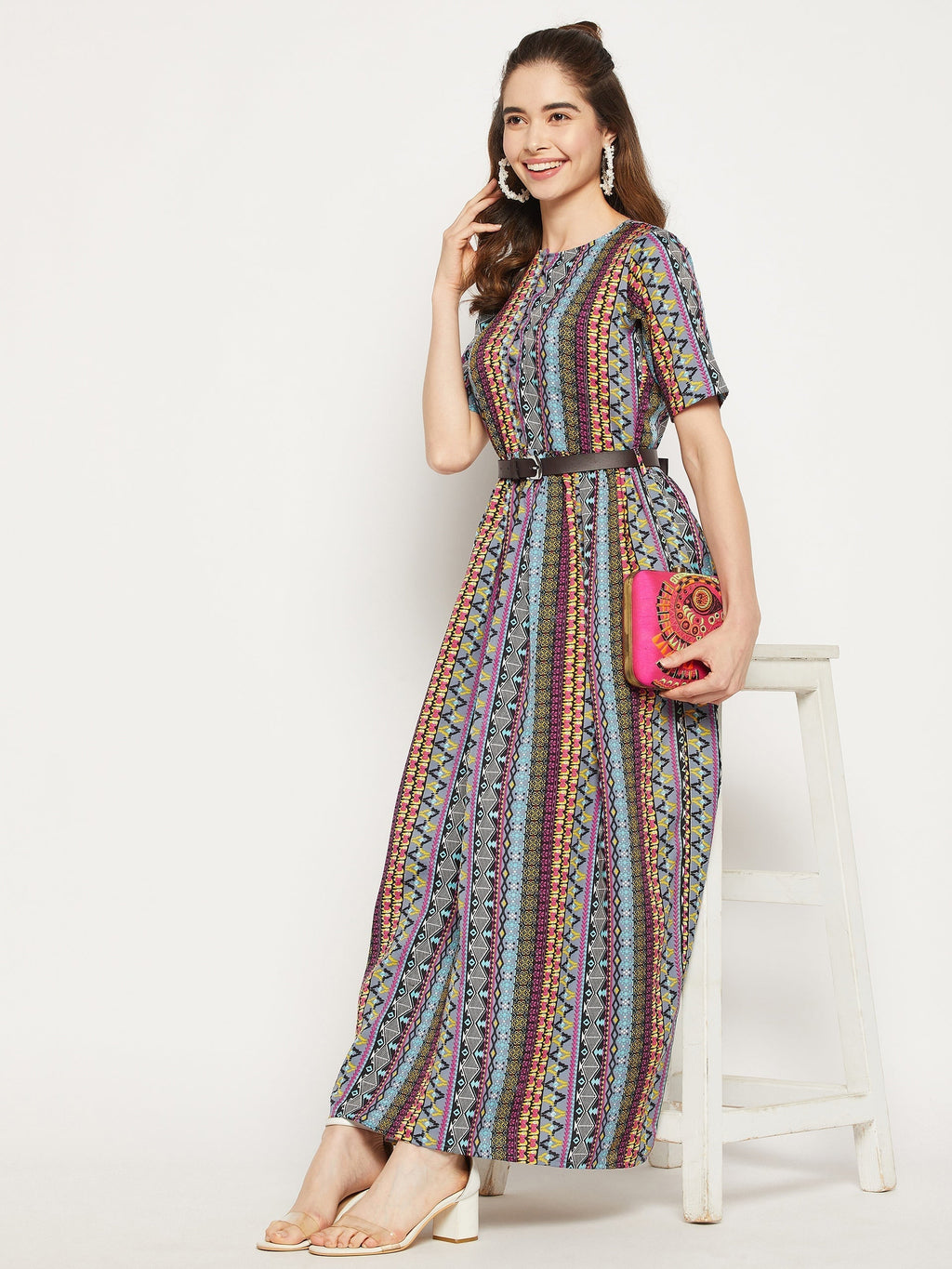 Printed Maxi Dress with Belt