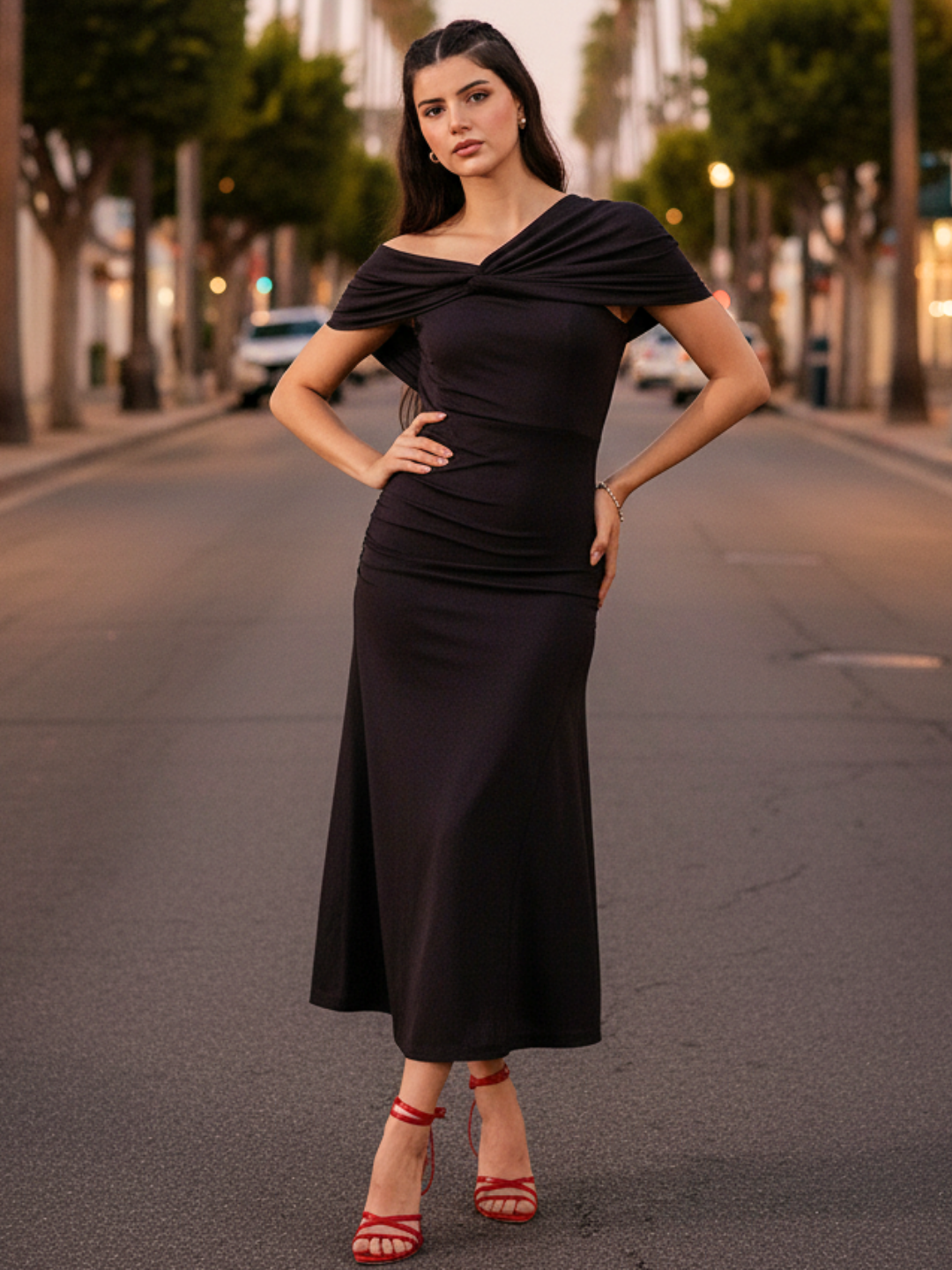 Stretchable Off Shoulder Fit & Flare Midi Dress - Uptownie