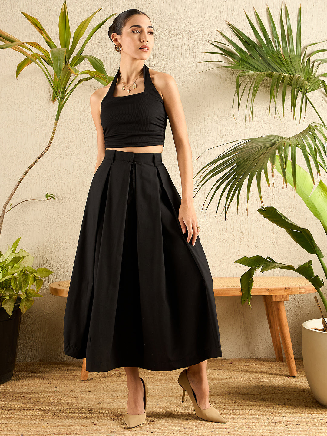 Box Pleated Midi Linen Skirt
