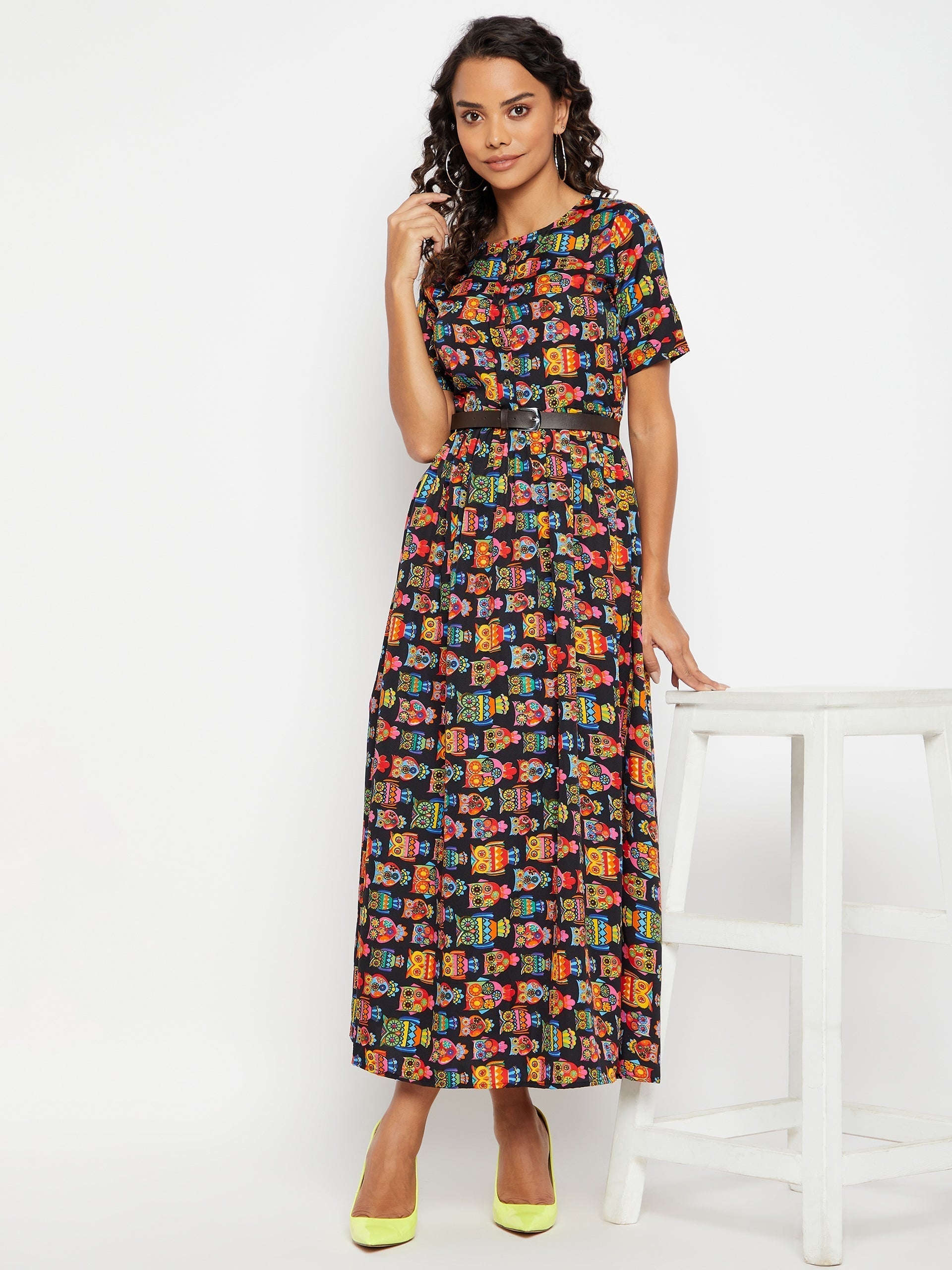 Printed Maxi Dress with Belt - Uptownie
