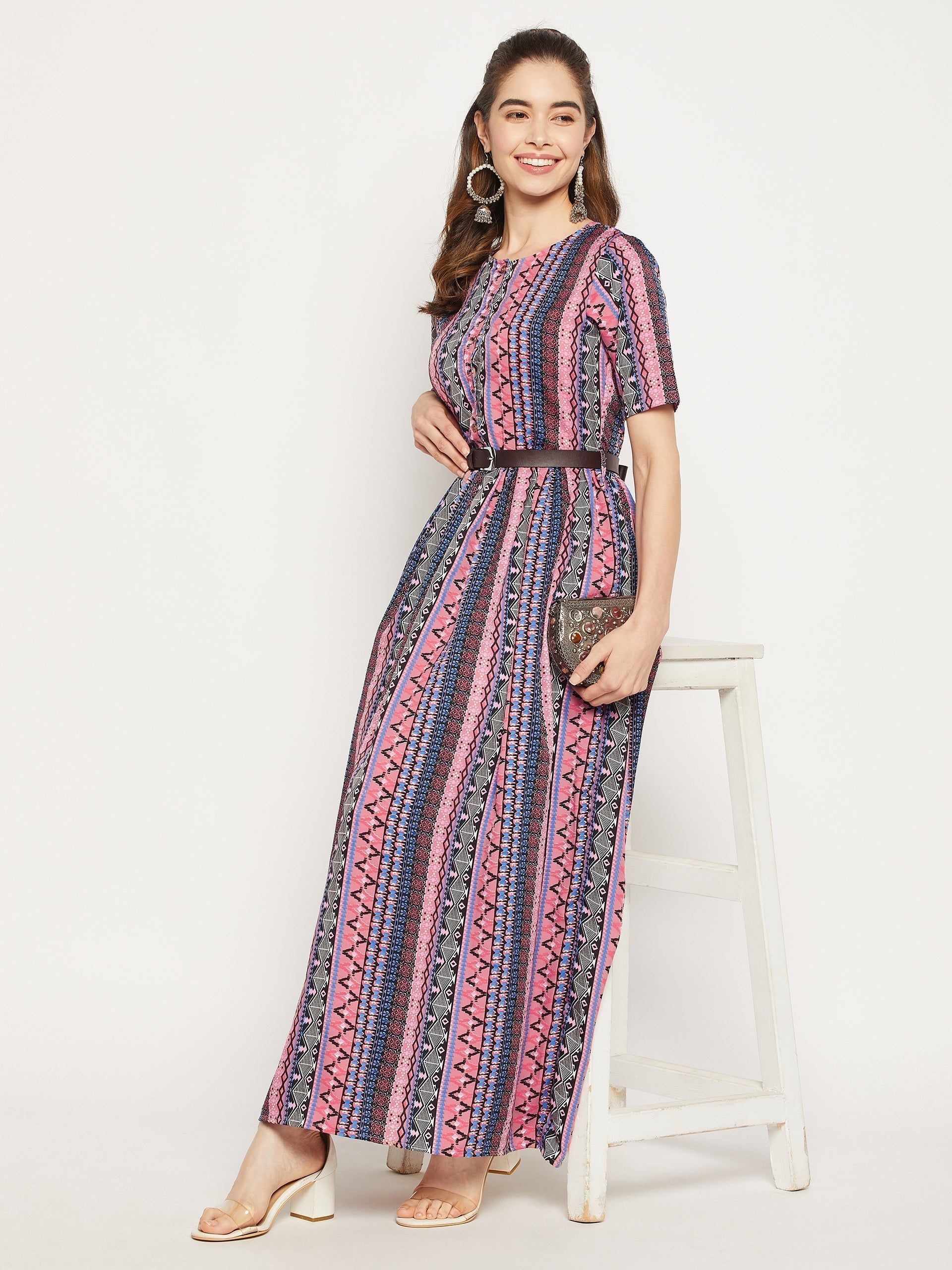 Printed Maxi Dress with Belt - Uptownie
