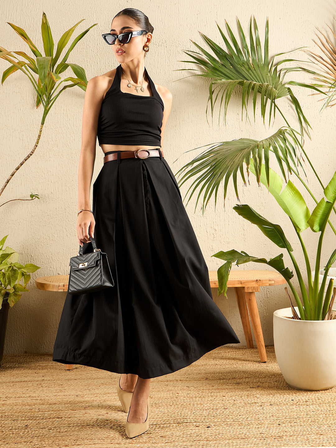 Box Pleated Midi Linen Skirt