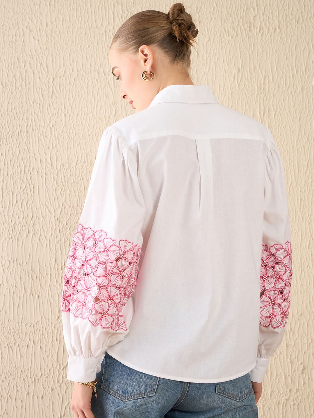 Cotton Embroidered Shirt With Balloon Sleeves