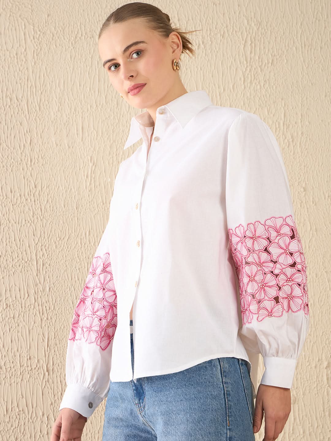 Cotton Embroidered Shirt With Balloon Sleeves