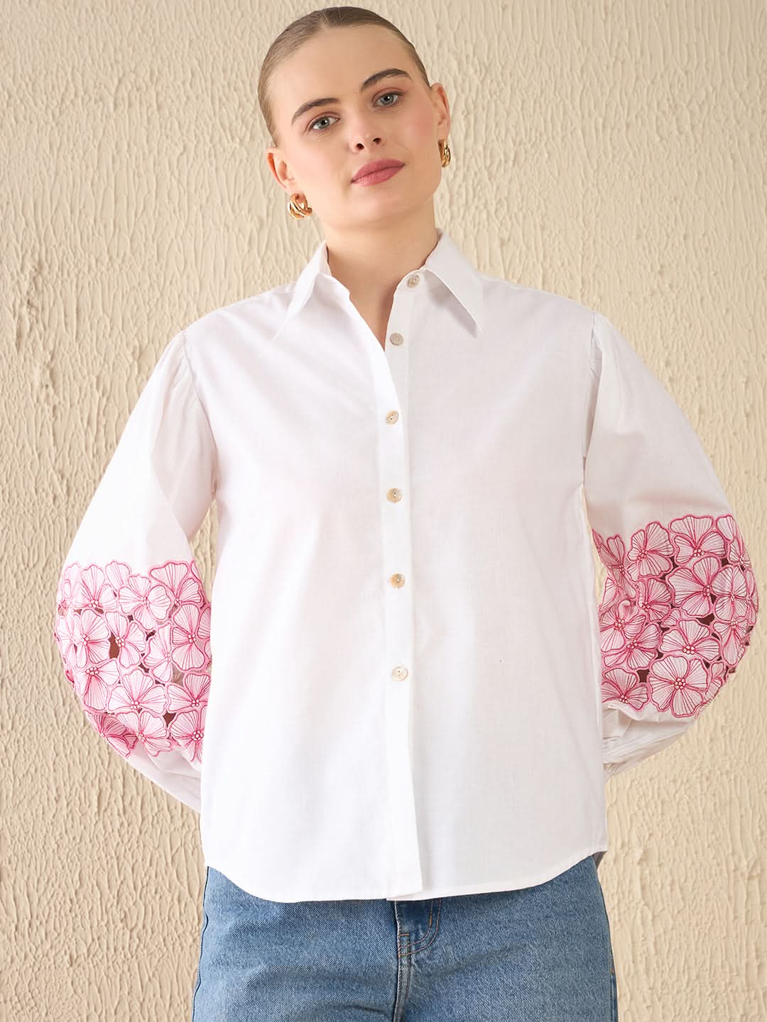 Cotton Embroidered Shirt With Balloon Sleeves