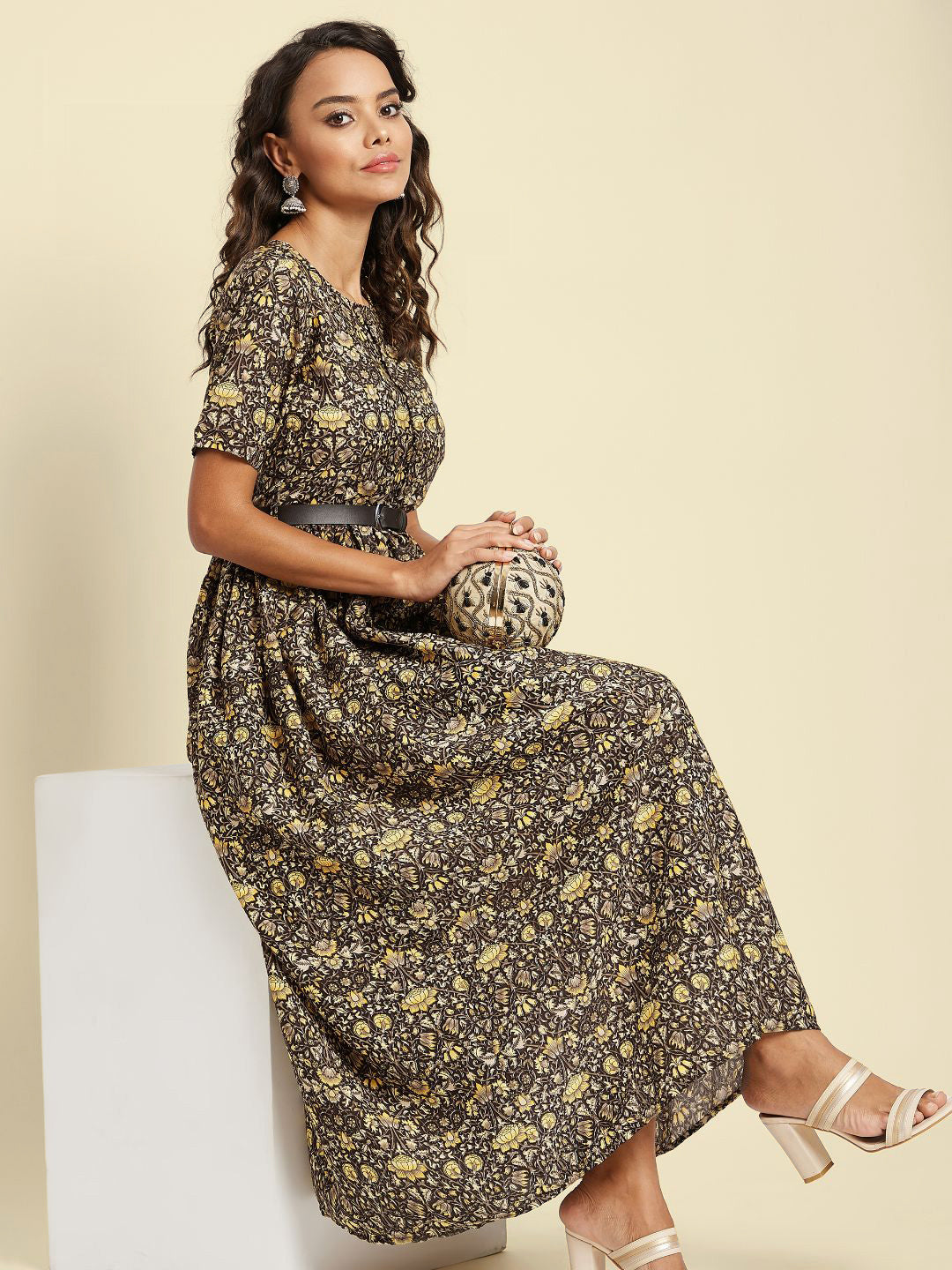 Printed Maxi Dress with Belt - Uptownie
