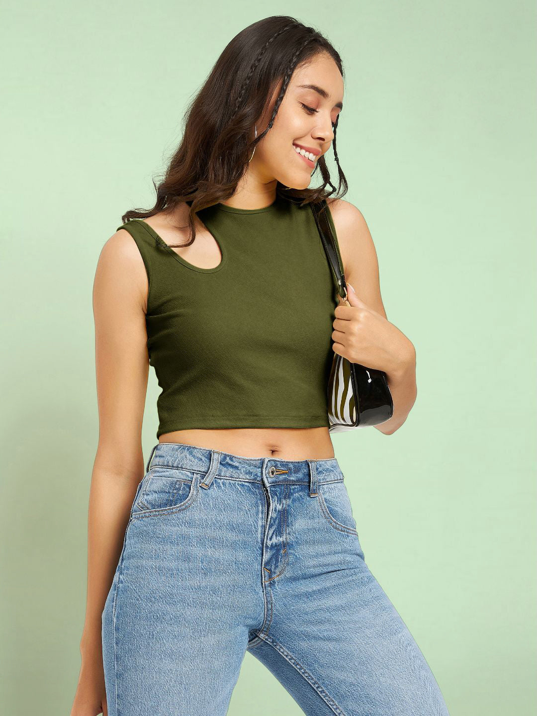 Cotton Stretchable Shoulder Cutout Crop Top - Uptownie