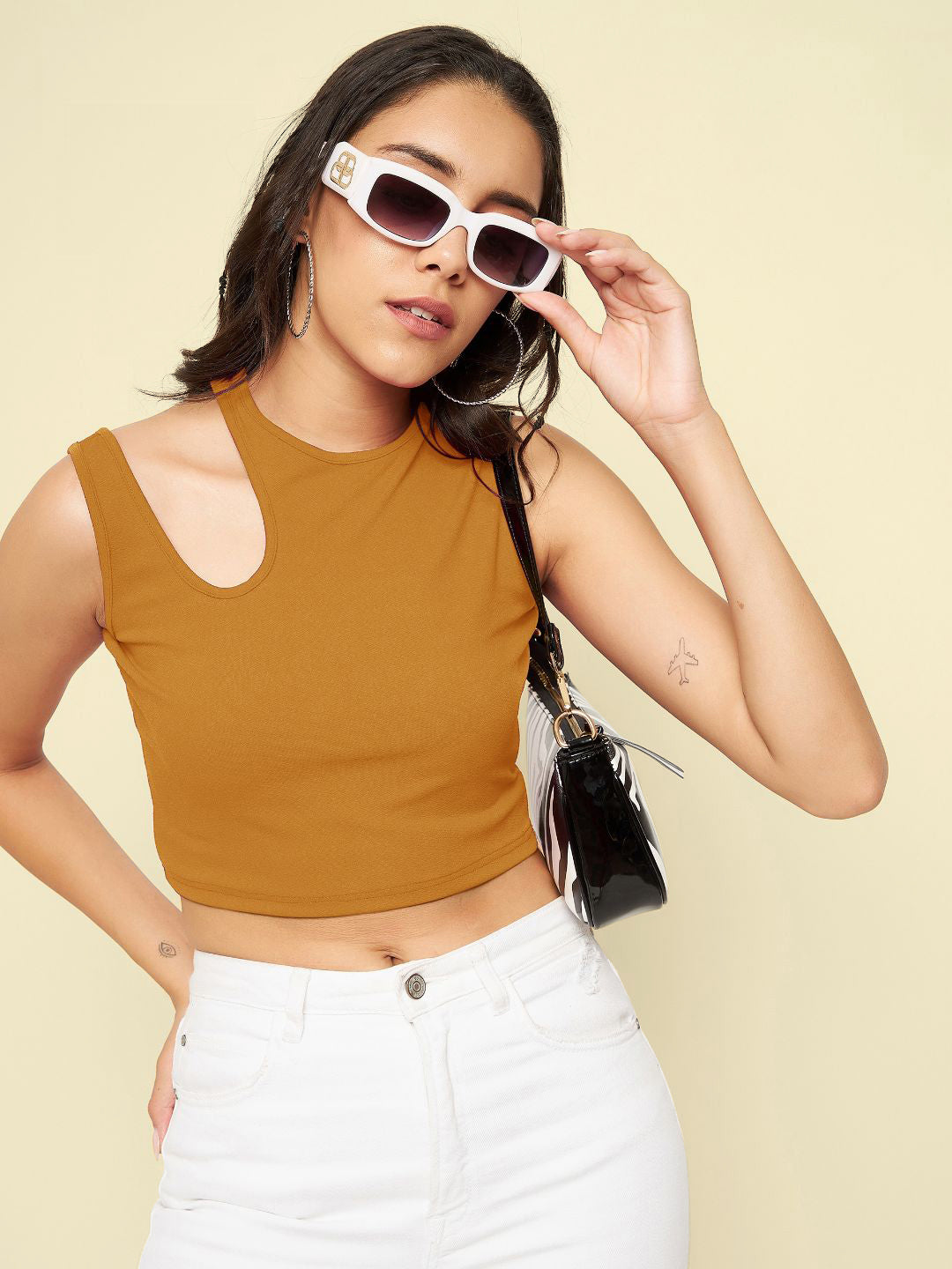 Cotton Stretchable Shoulder Cutout Crop Top - Uptownie