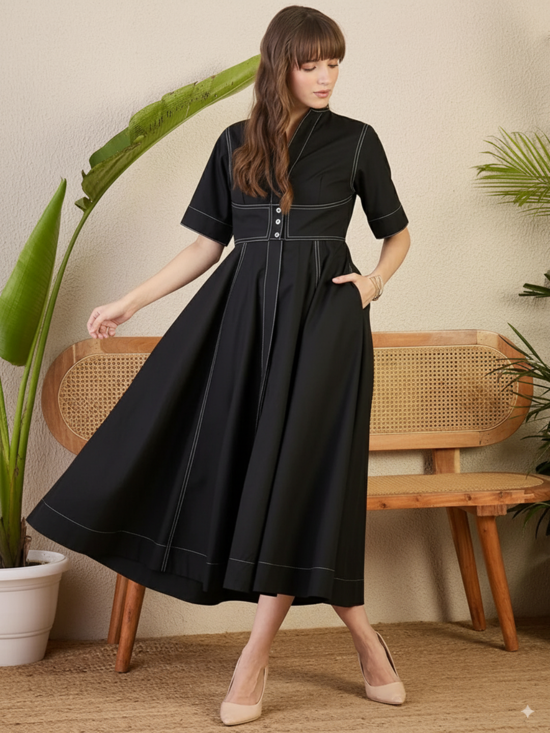 Corset Panelled Cotton Midi Dress