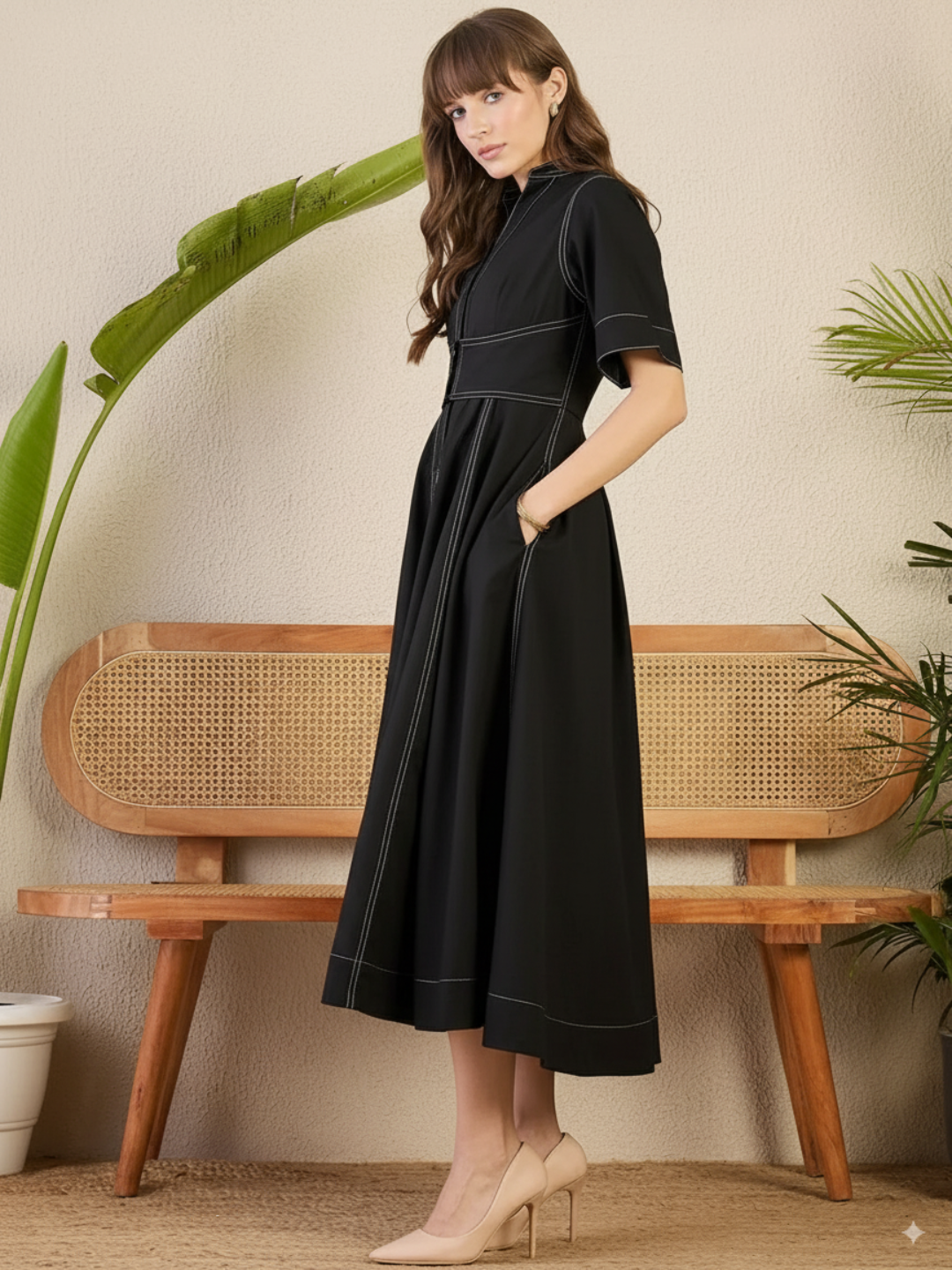 Corset Panelled Cotton Midi Dress