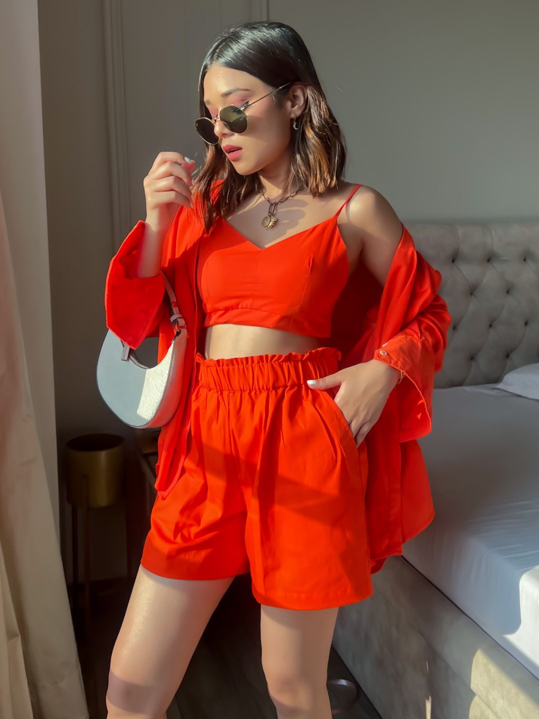 Cotton Three Piece Shorts, Shirt  and Crop Top Set - Uptownie