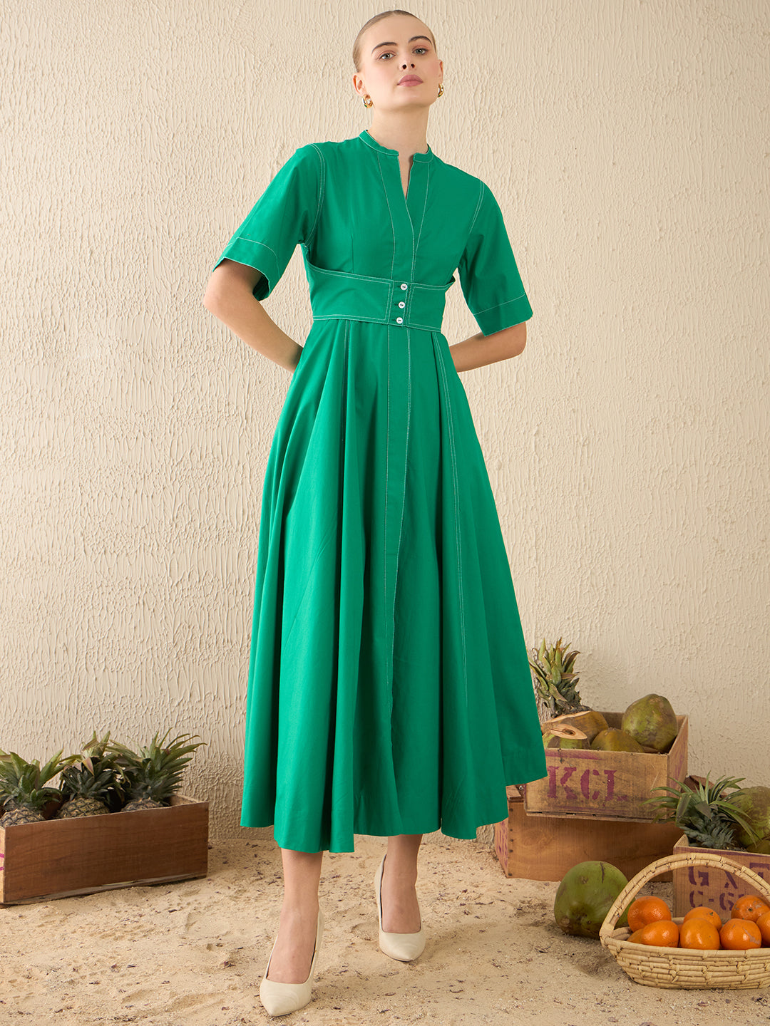 Corset Panelled Midi Cotton Dress - Uptownie