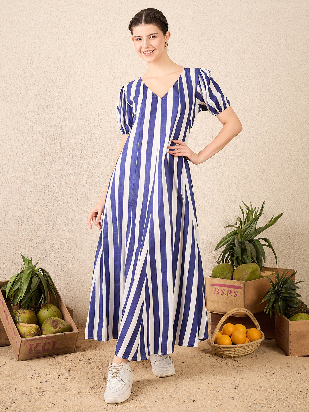 Puff Sleeve A-Line Cotton Maxi Dress