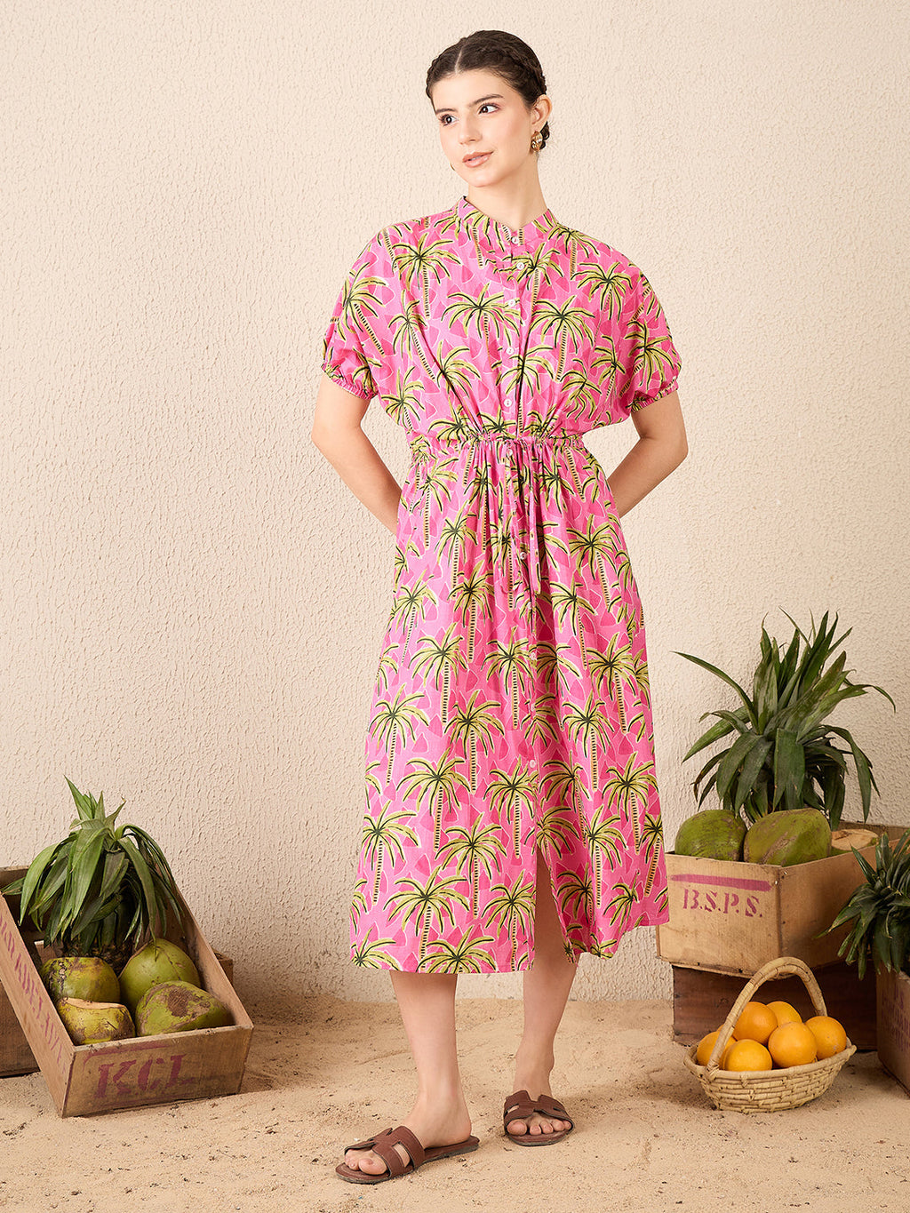 Cotton Side Waist Tie-Up Midi Dress