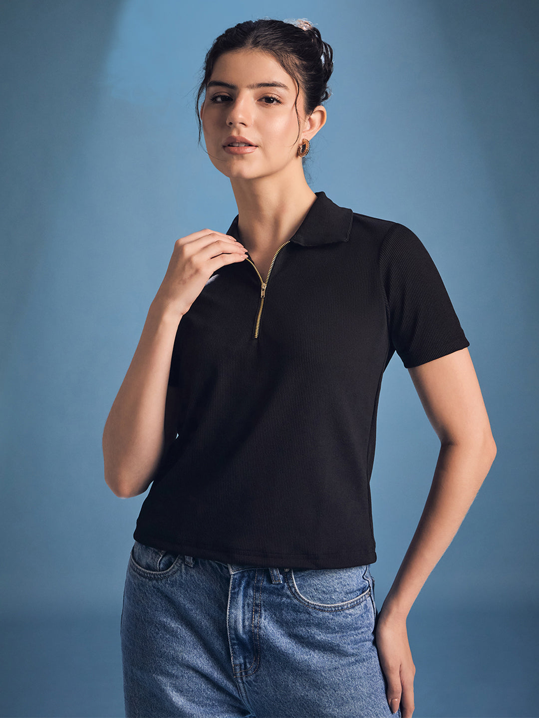 Stretchable Front Zip Up Ribbed Top