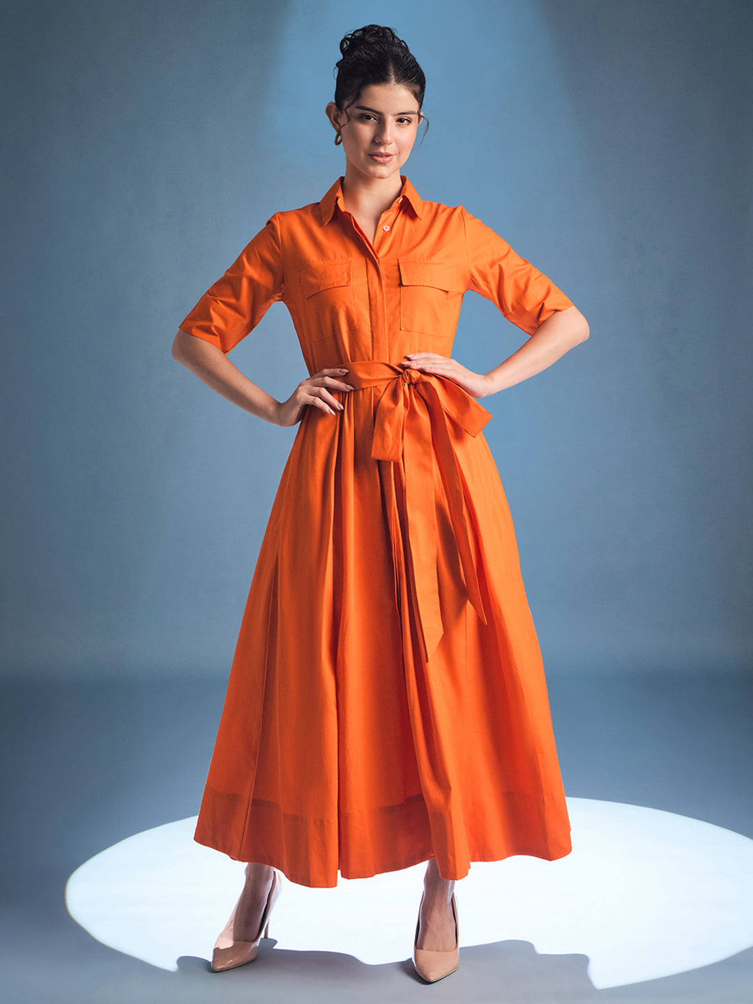 Cotton Flared Shirt Dress With Belt