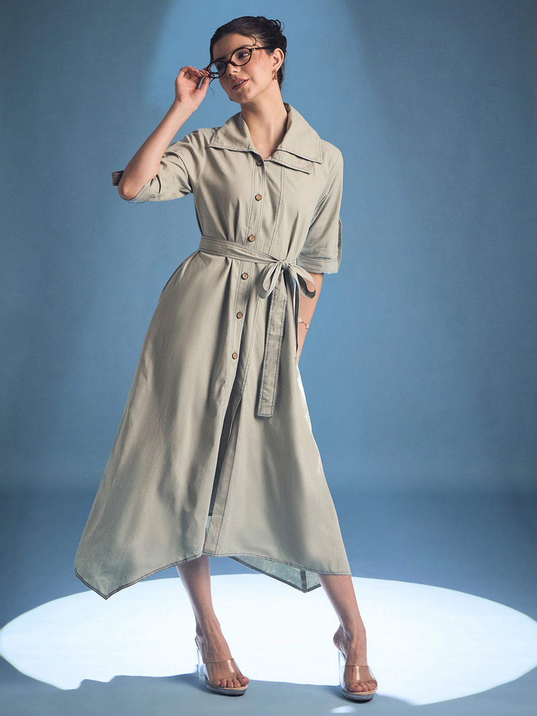 Cotton Asymmetrical Contrast Stitch Shirt Dress