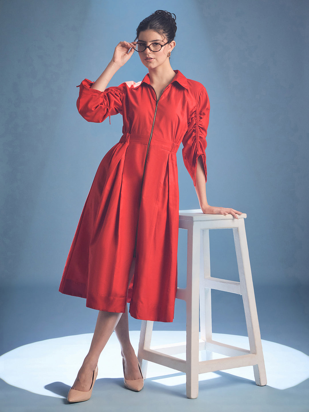 Cotton Zip Dress With Gathered Tie-Up Sleeves