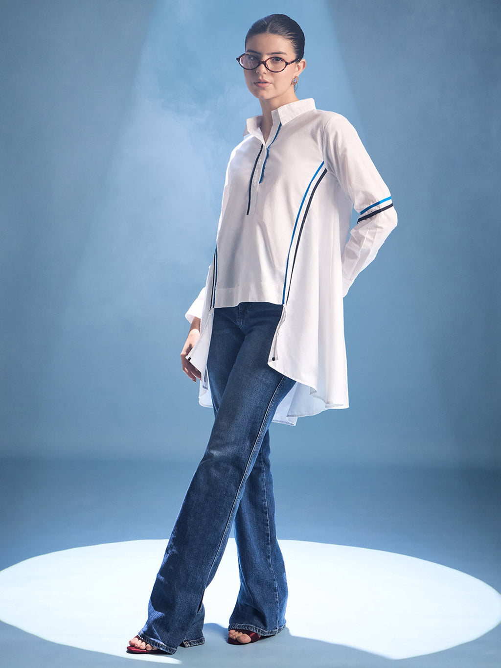 Cotton Asymmetric Shirt with Contrast Color Stripes