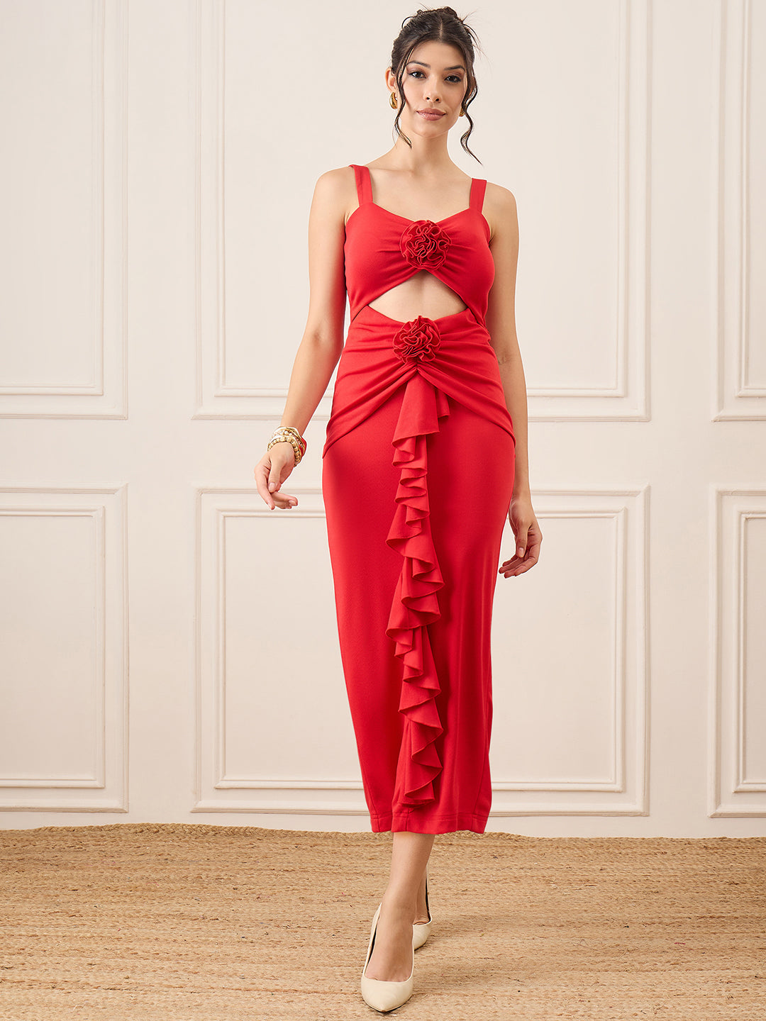 Stretchable Ruffled Rosette Cutout Midi Dress