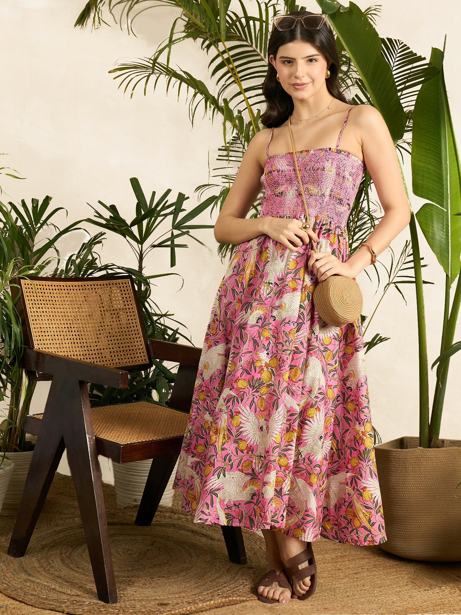 Smocked Strappy Cotton Midi Dress - Uptownie