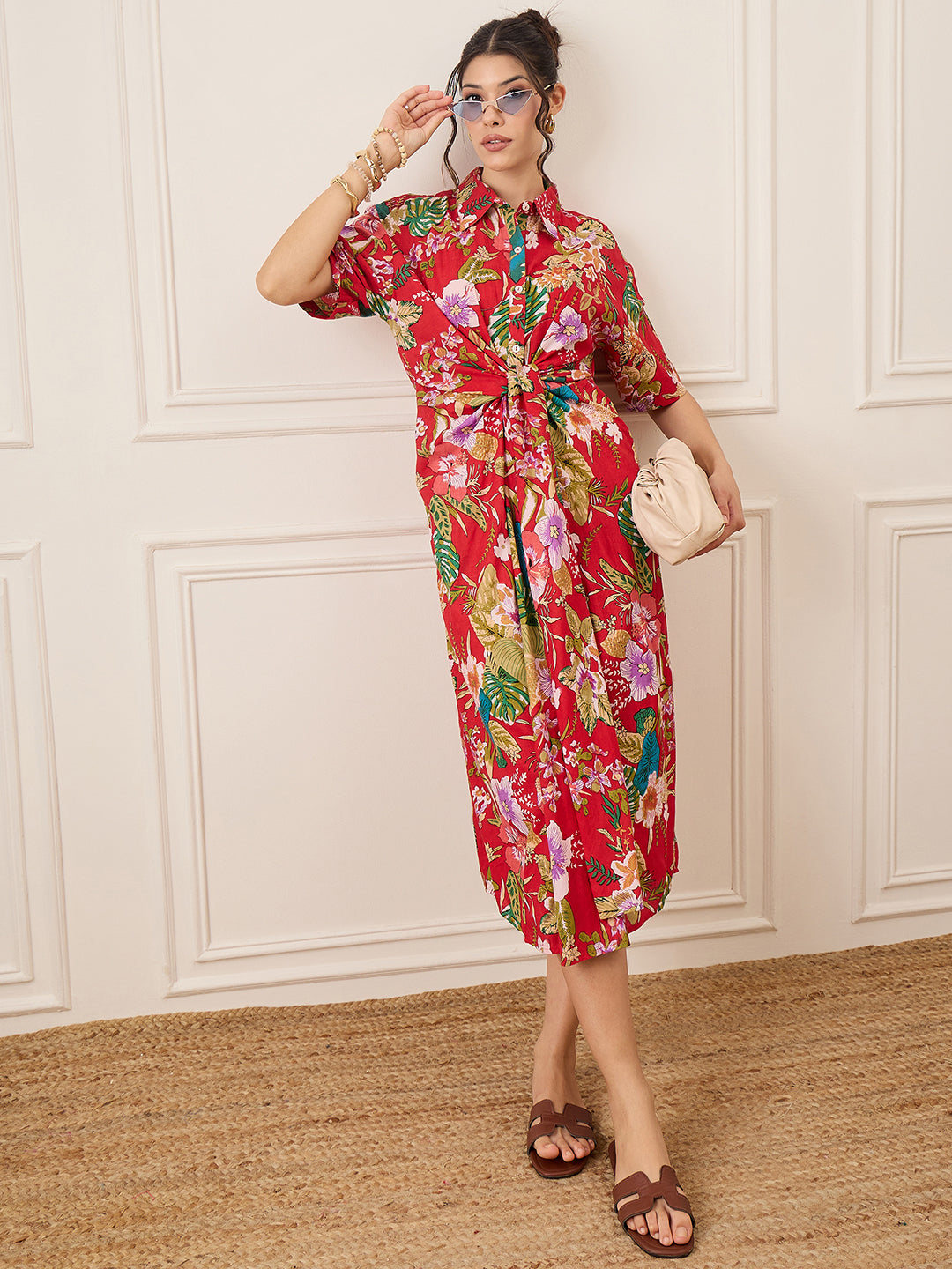 Cotton Twisted Shirt Midi Dress