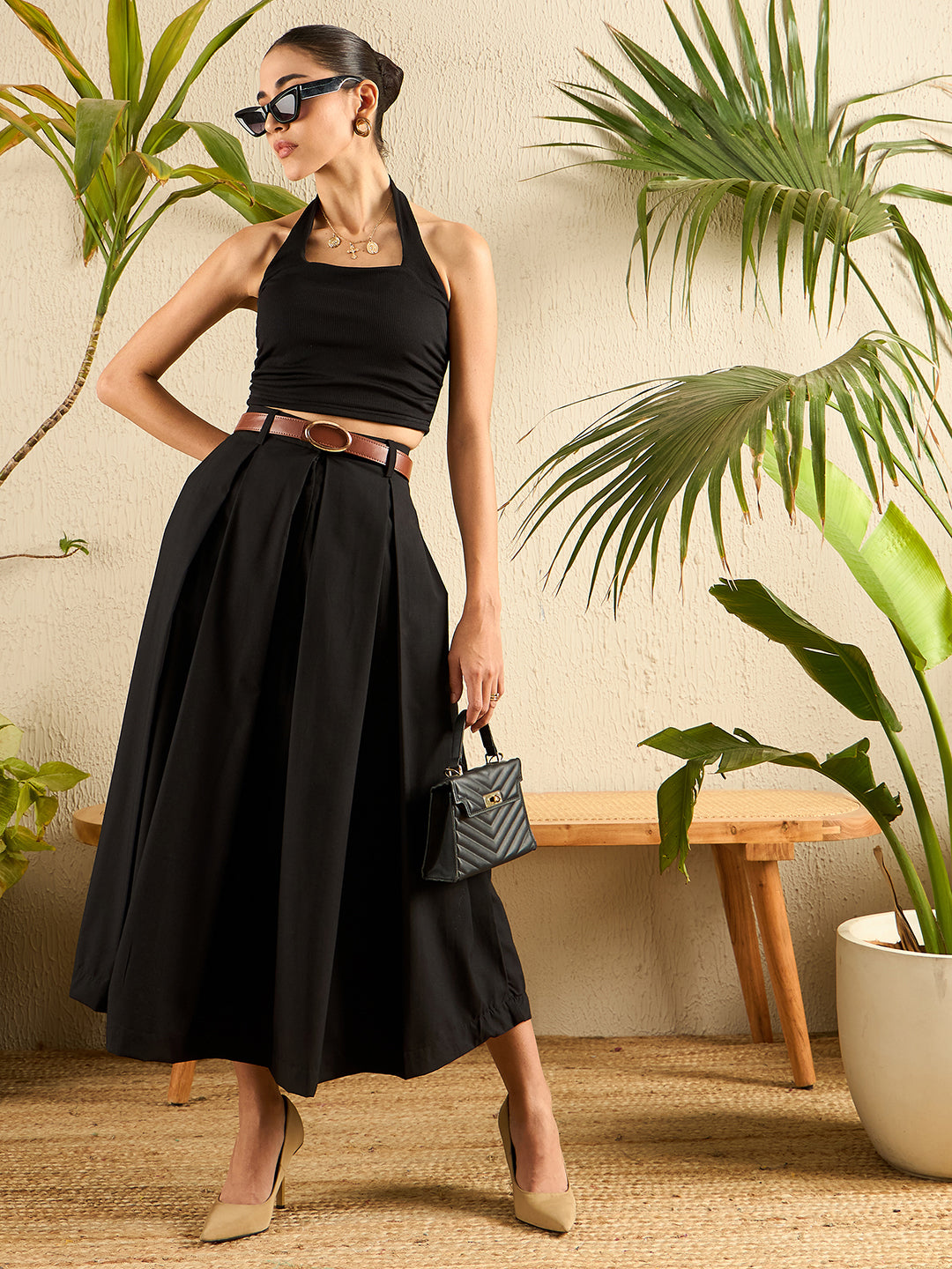 Box Pleated Linen Midi Skirt - Uptownie