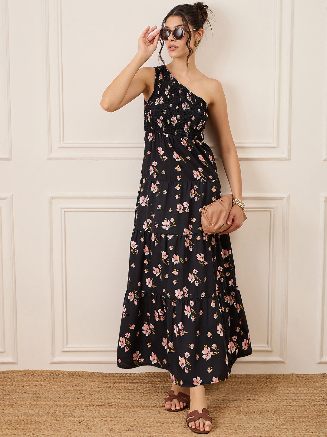 One Shoulder Smocked Maxi Dress