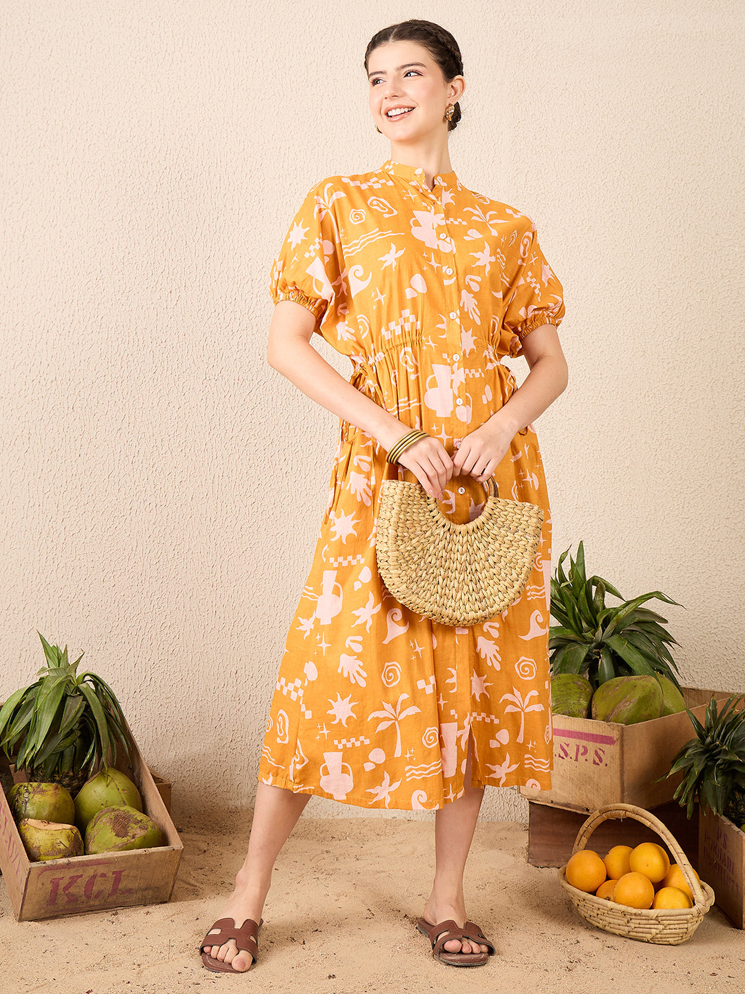 Cotton Side Waist Tie-Up Midi Dress - Uptownie