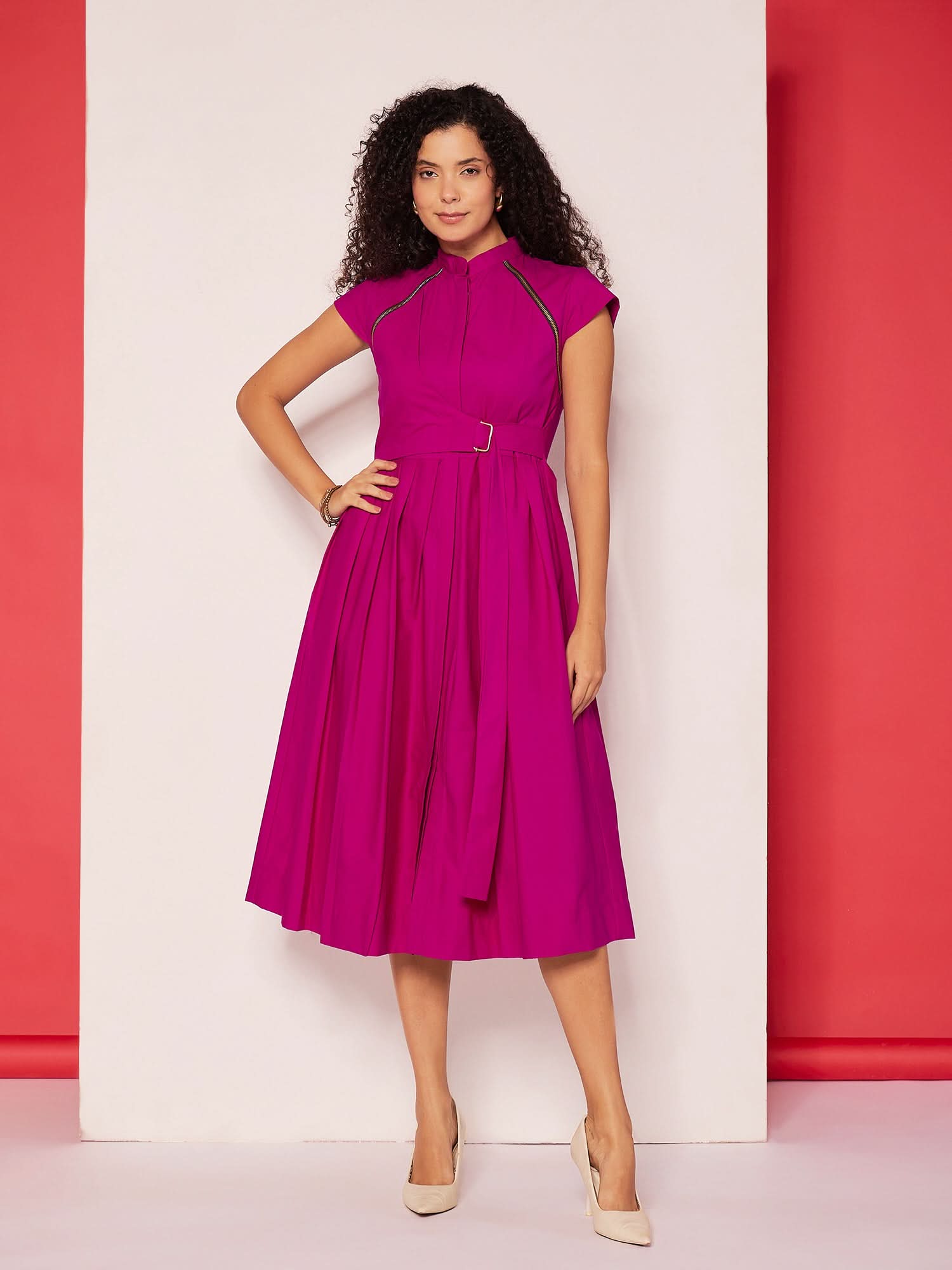 Pleated Cotton Midi Dress With Zipper Detail
