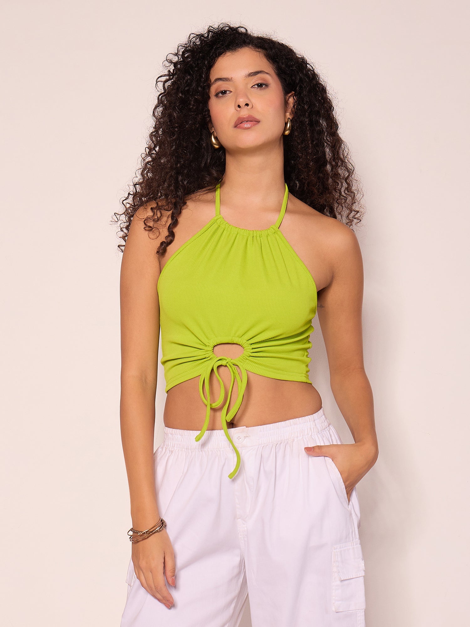 Stretchable Halter Strappy Cutout Ribbed Top