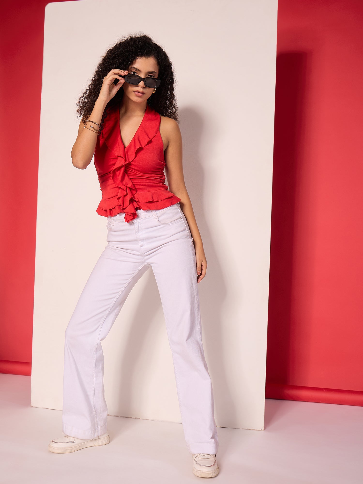 Stretchable Ruffled Halter Neck Top