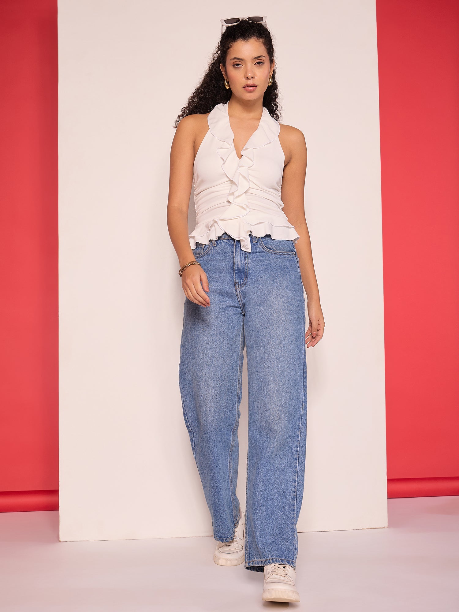 Stretchable Ruffled Halter Neck Top