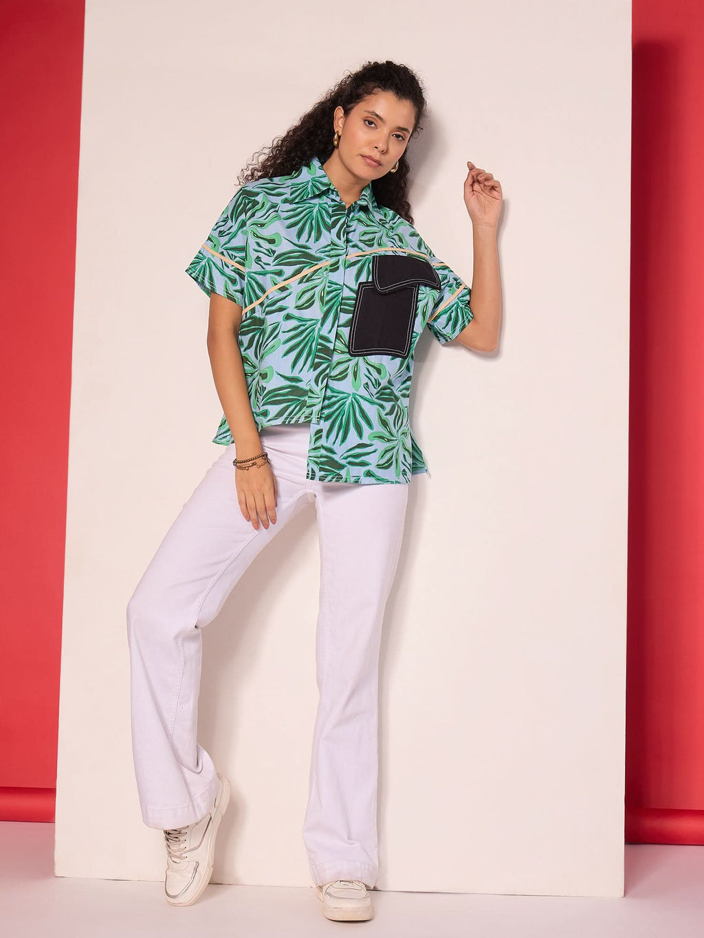 Cotton Boxy Shirt With Asymmetric Contrast Pocket