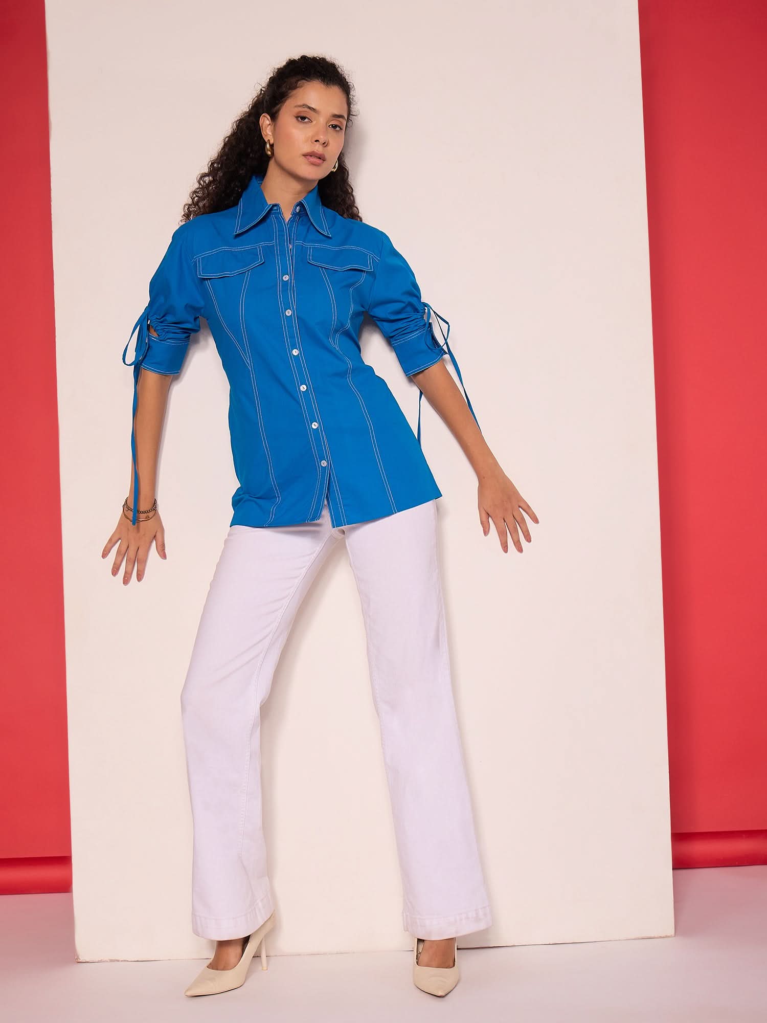 Panelled Cotton Shirt With Tie-Up Sleeves