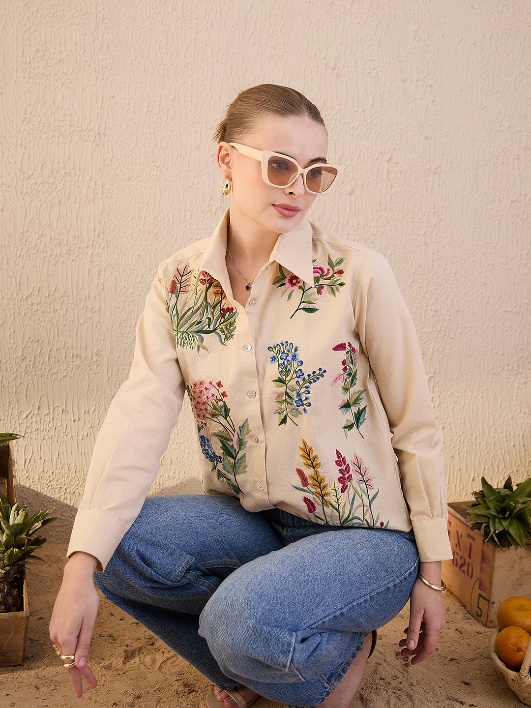 Floral Embroidered Linen Shirt - Uptownie