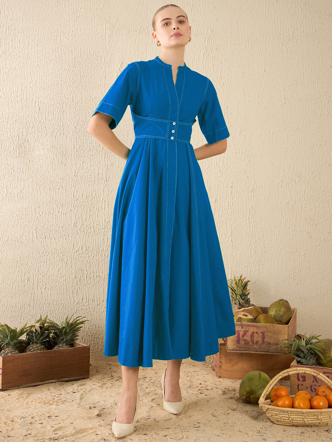 Corset Panelled Midi Cotton Dress - Uptownie