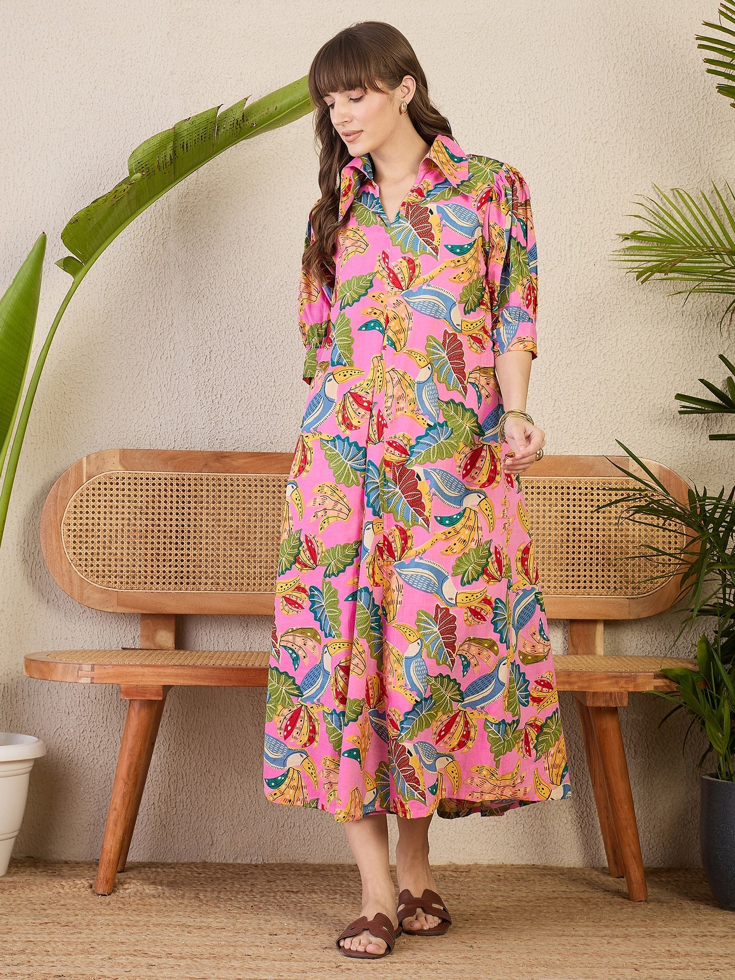 Front Pleated Cotton Midi Dress - Uptownie