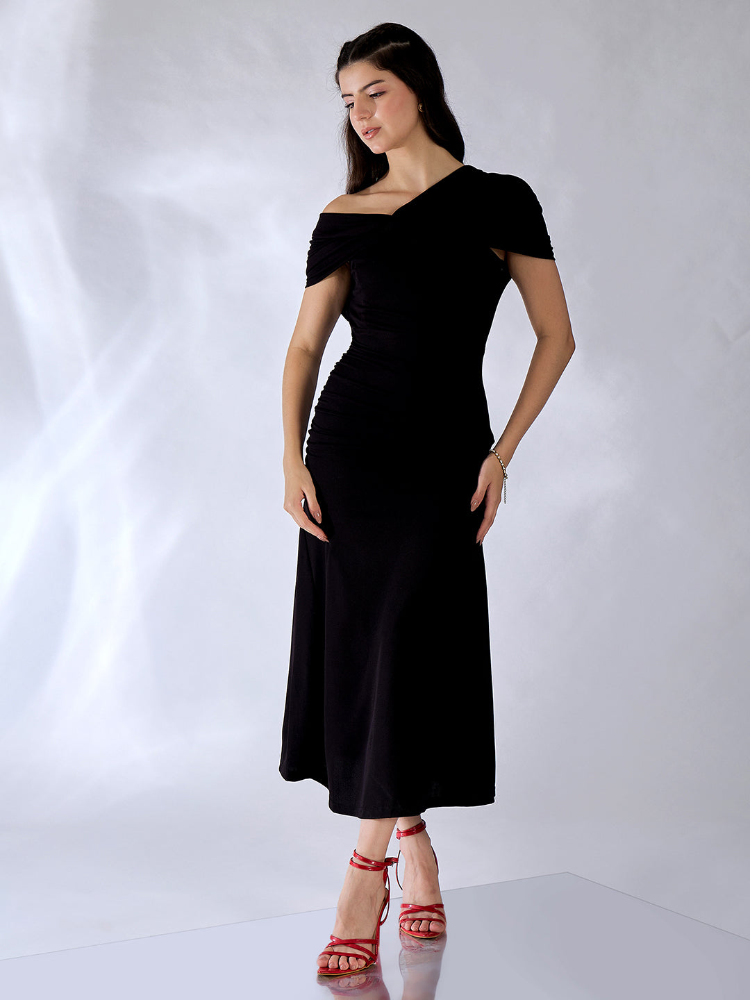 Stretchable Off Shoulder Fit & Flare Midi Dress