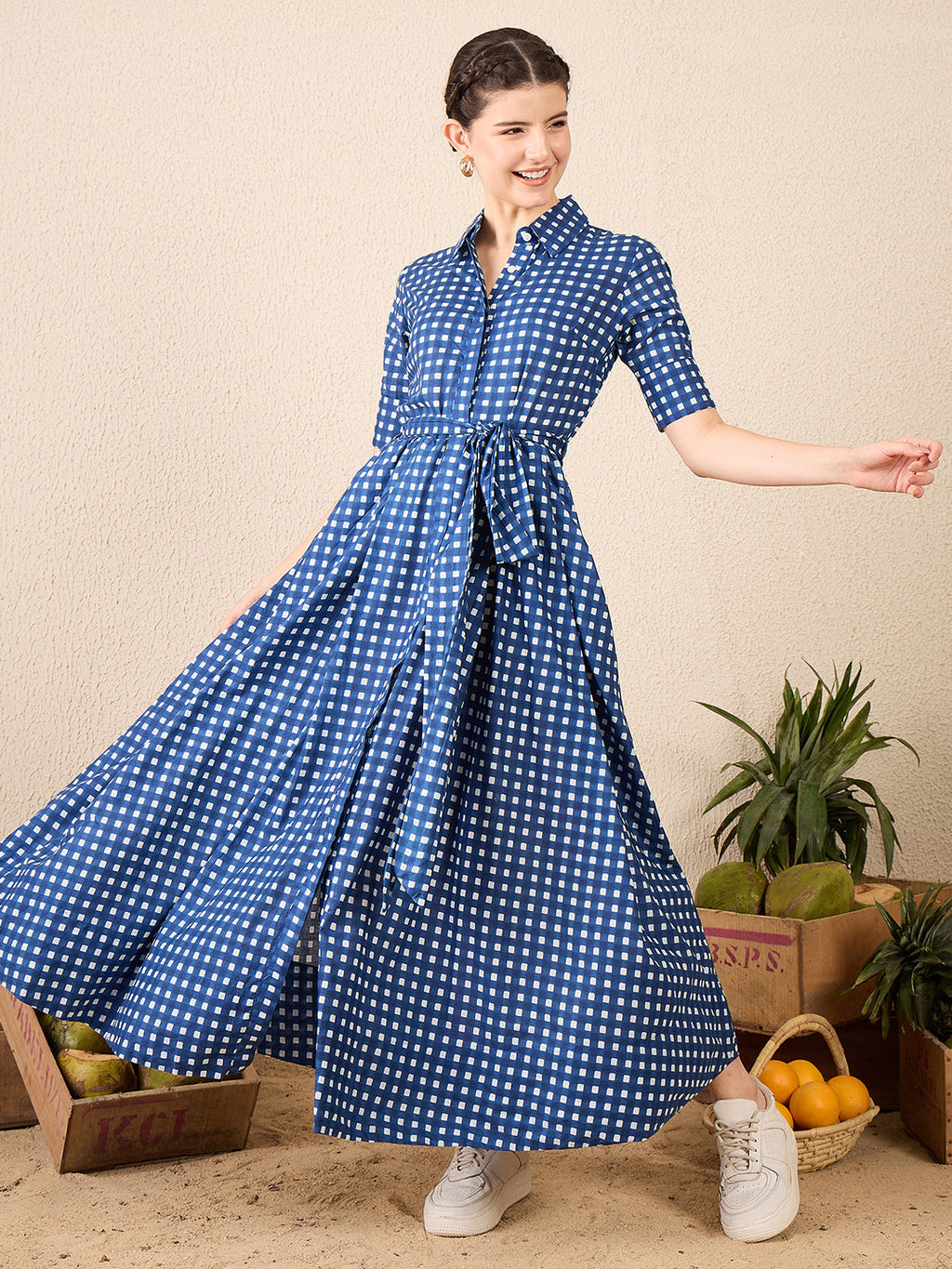 Cotton Buttoned Down Shirt Dress With Belt