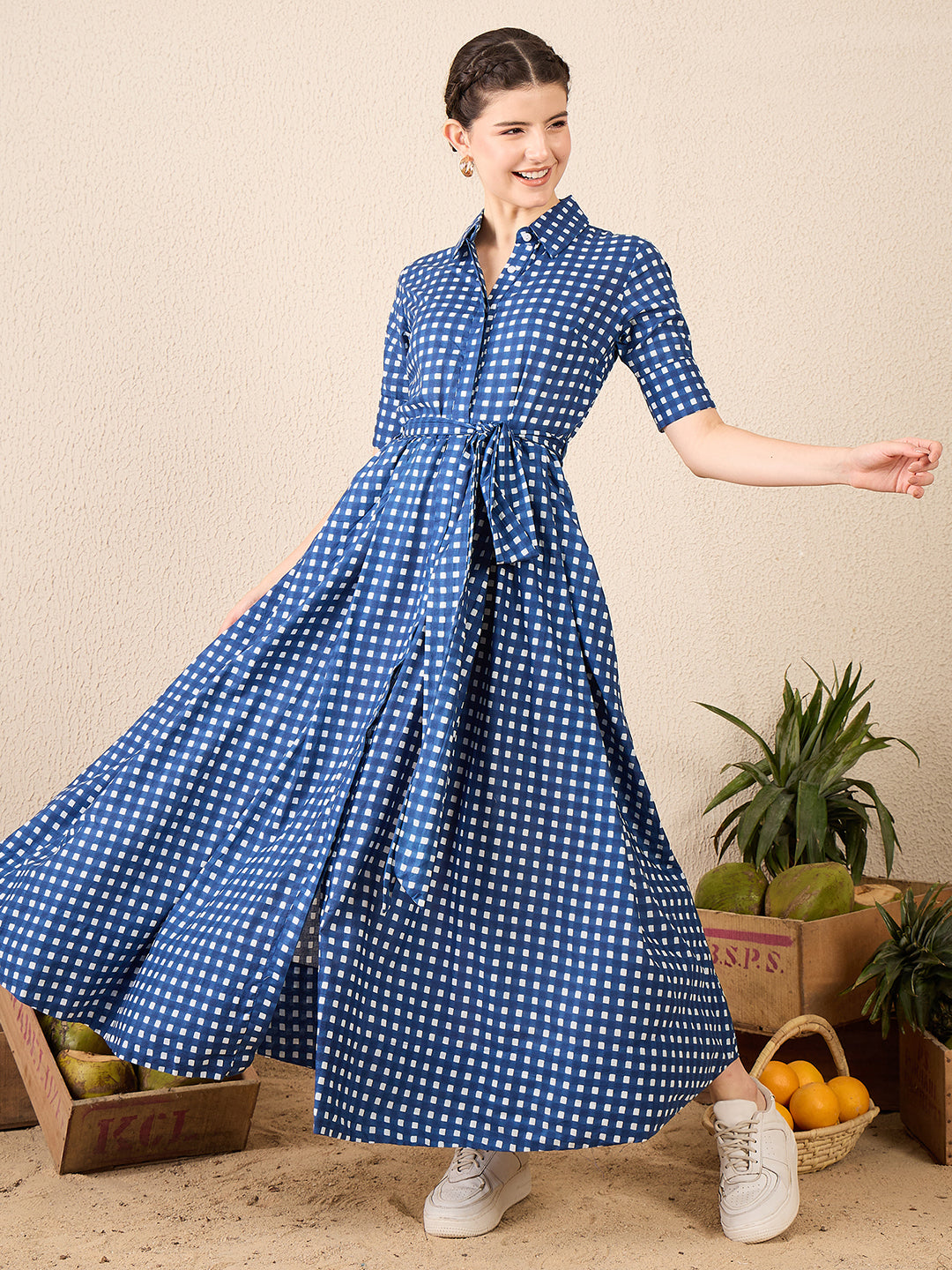 Cotton Buttoned Down Shirt Dress With Belt