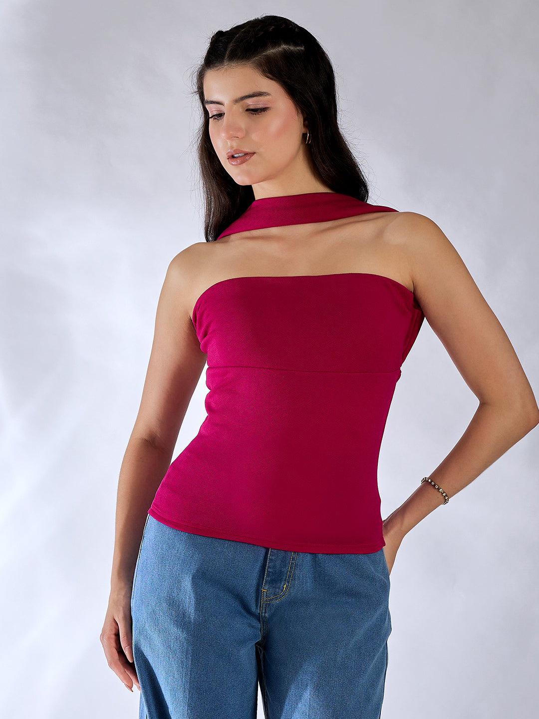 Stretchable Strapless Scarf Neck Top