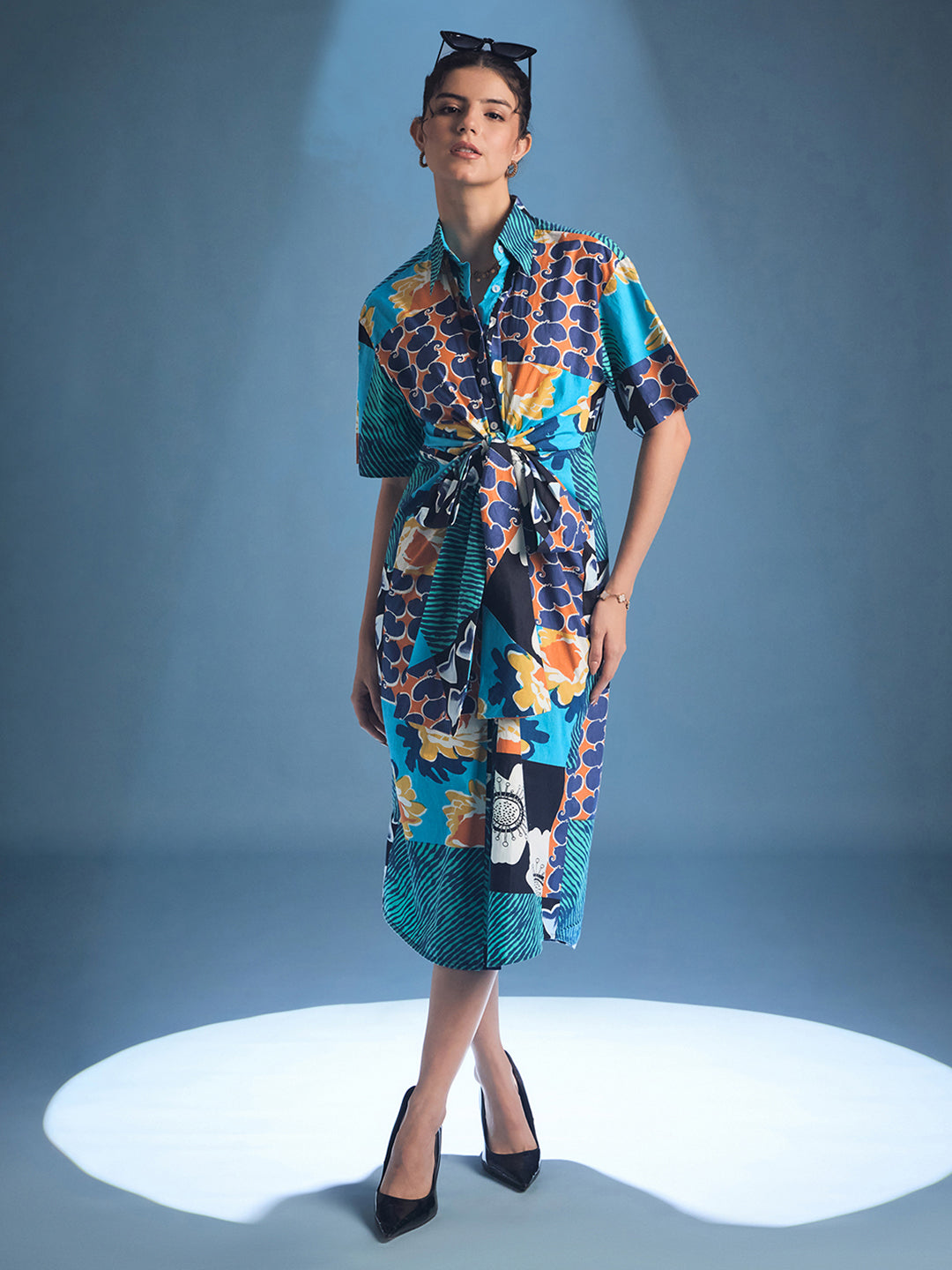 Knotted Cotton Shirt Midi Dress