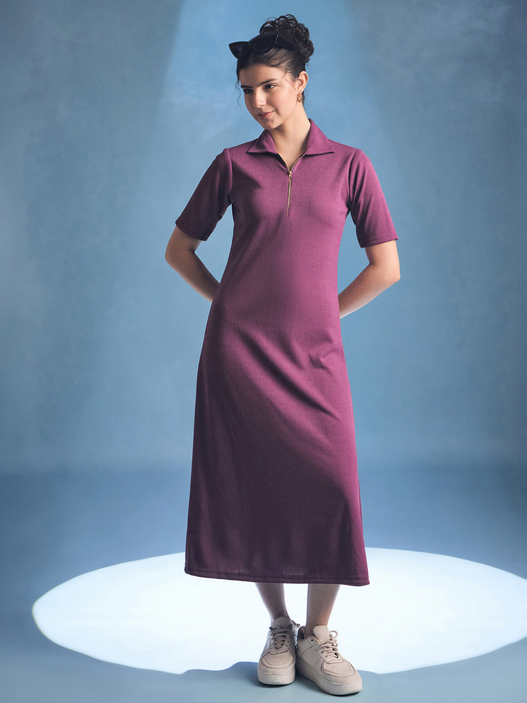 Stretchable Front Zip-up Midi Dress