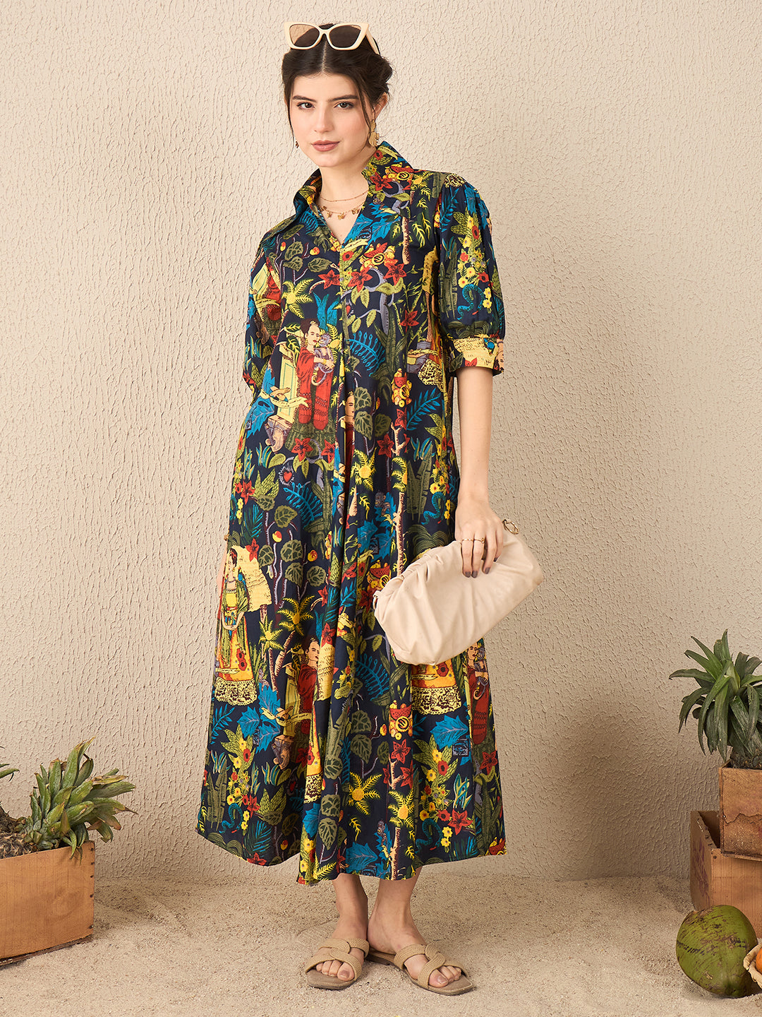 Front Pleated Cotton Midi Dress