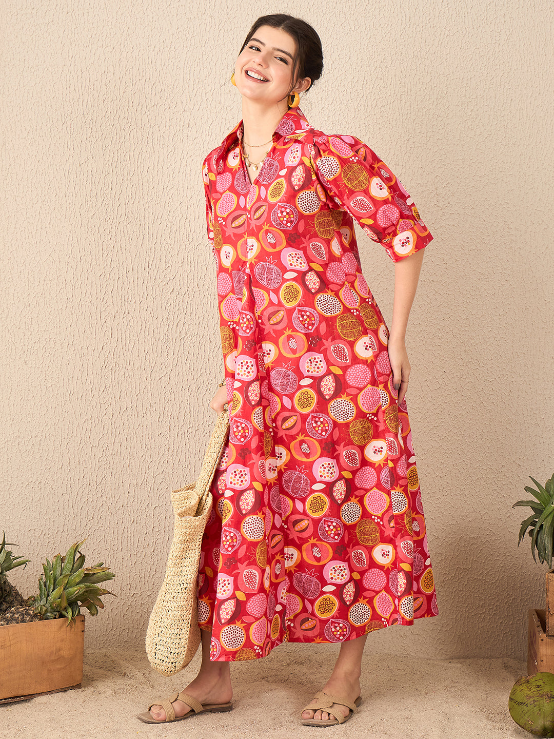 Front Pleated Cotton Midi Dress - Uptownie