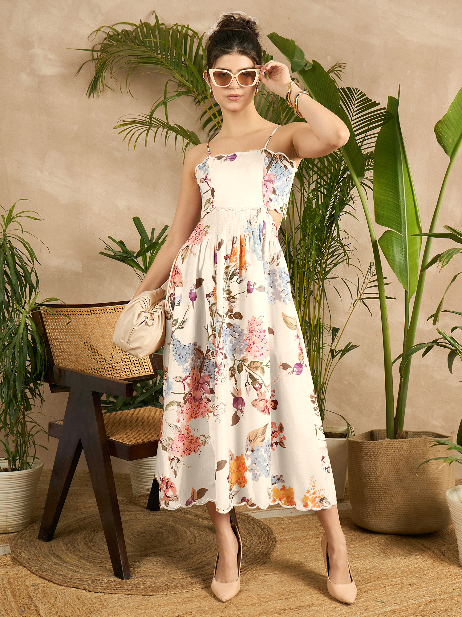 Scalloped Fit and Flare Midi Cotton Dress - Uptownie